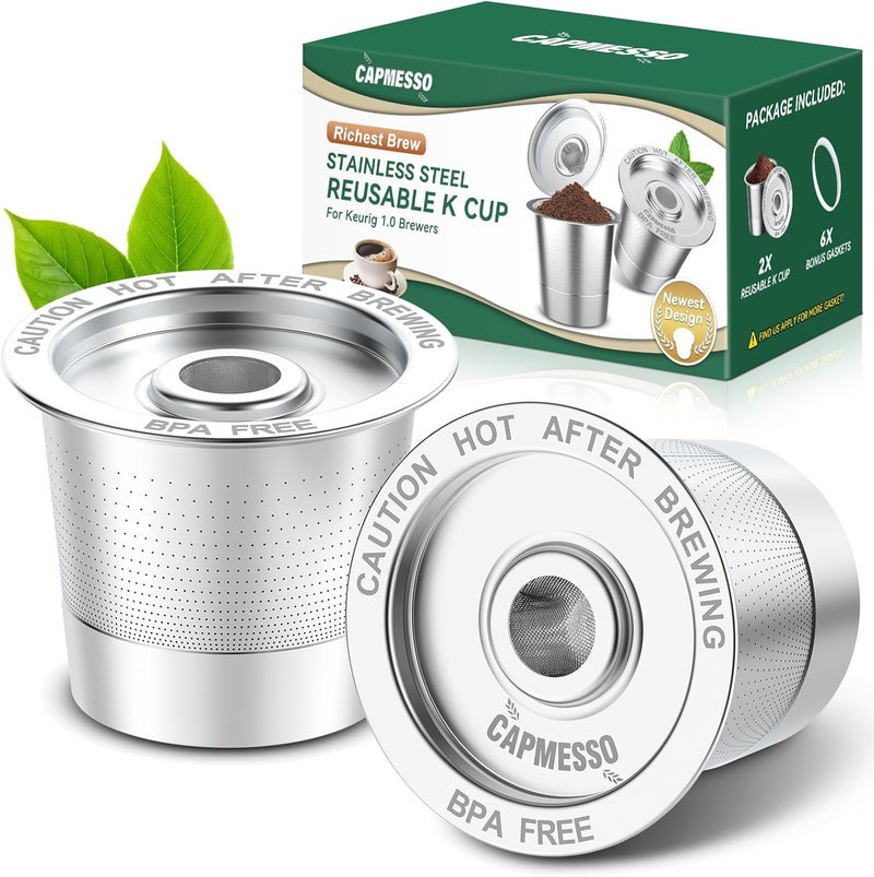 CAPMESSO Reusable K Cups Coffee Pods for Keurig 1.0: Stainless Steel Refillable K Cup - Reusable Coffee Filter for Keurig 1.0 Coffee Maker, Permanent, Eco-Friendly, Innovative Design(2 Pack) - Image 1